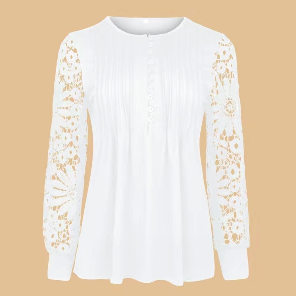 NWT 🤍 PLEATED WHITE IVORY LACE SLEEVE V-NECK BLOUSE TOP Size Women’s XL - Picture 2 of 8